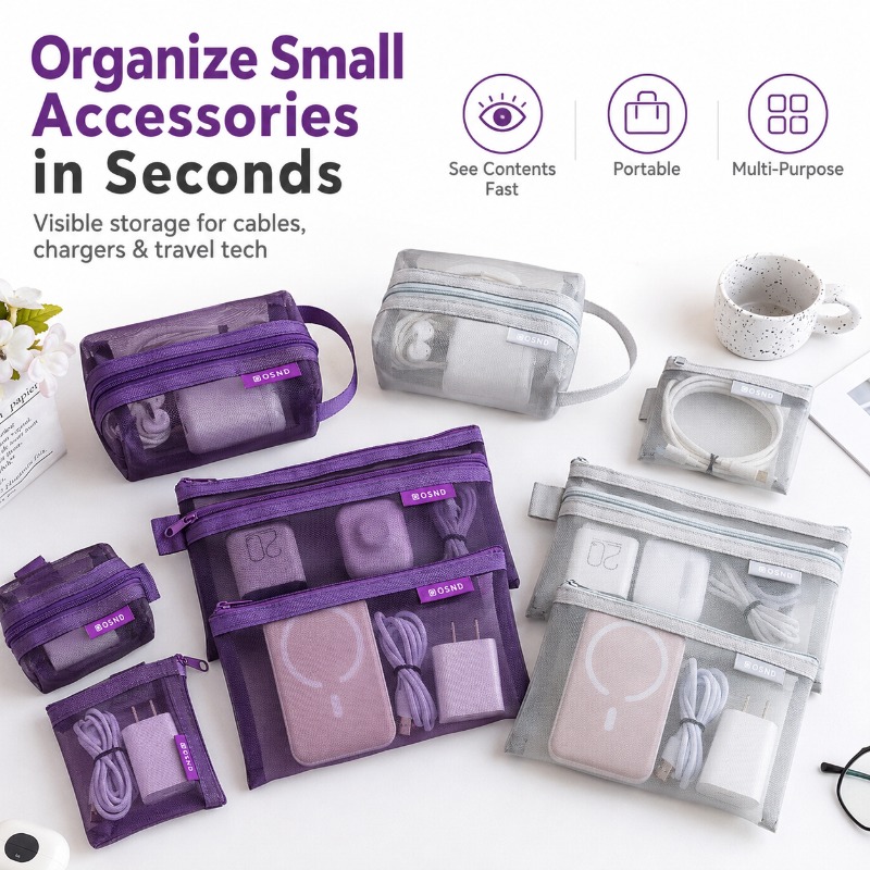 Tech Accessories Travel Organizer Pouch - 6PCS 휴대용 메쉬 테크 액세서리 가방,