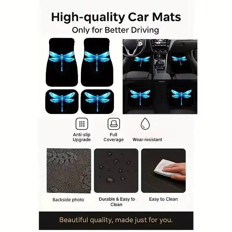 4Pcs 블루 크리스탈 잠자리 블랙 자동차 바닥 매트  - Universal Tech Accessories 리뷰 및 가격